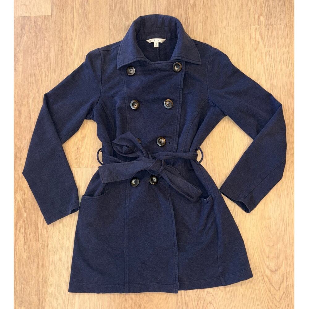 Cabi navy blue cotton comfort stretch belted trench coat womens size Small